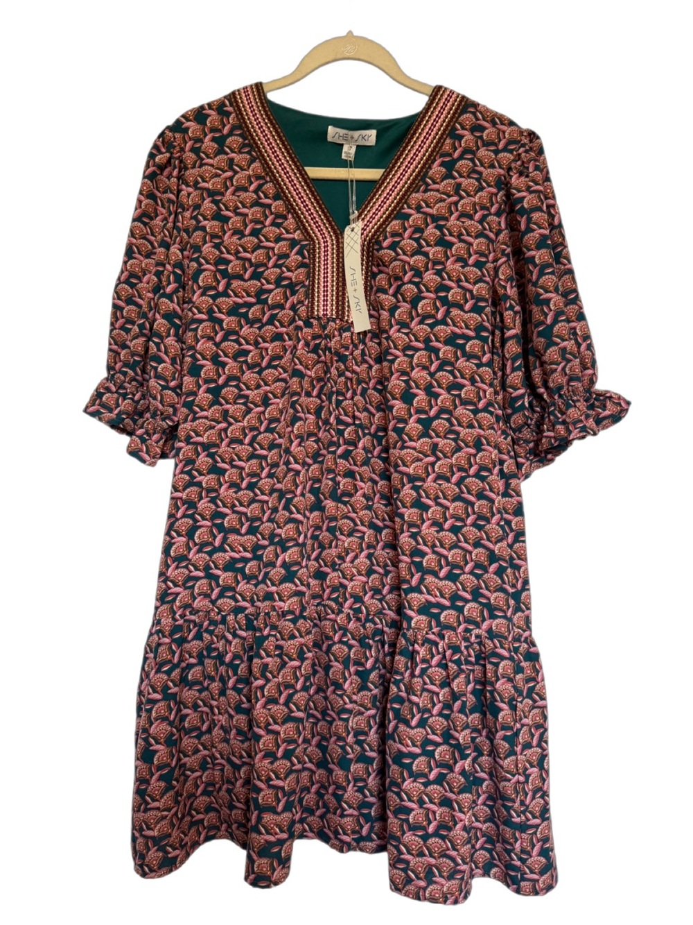 She and Sky Pink Patterned V-Neck Tiered Mini Dress